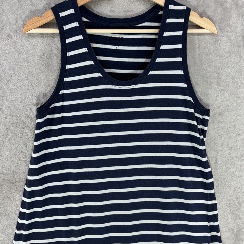 Pact Organic Cotton Navy Blue & White Striped V-Neck Tank Dress Size S - Picture 3 of 8